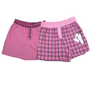 2 Cotton Sleep Shorts Womens (M) Pajama Boxer Pockets Pink Plaid & Pink Striped
